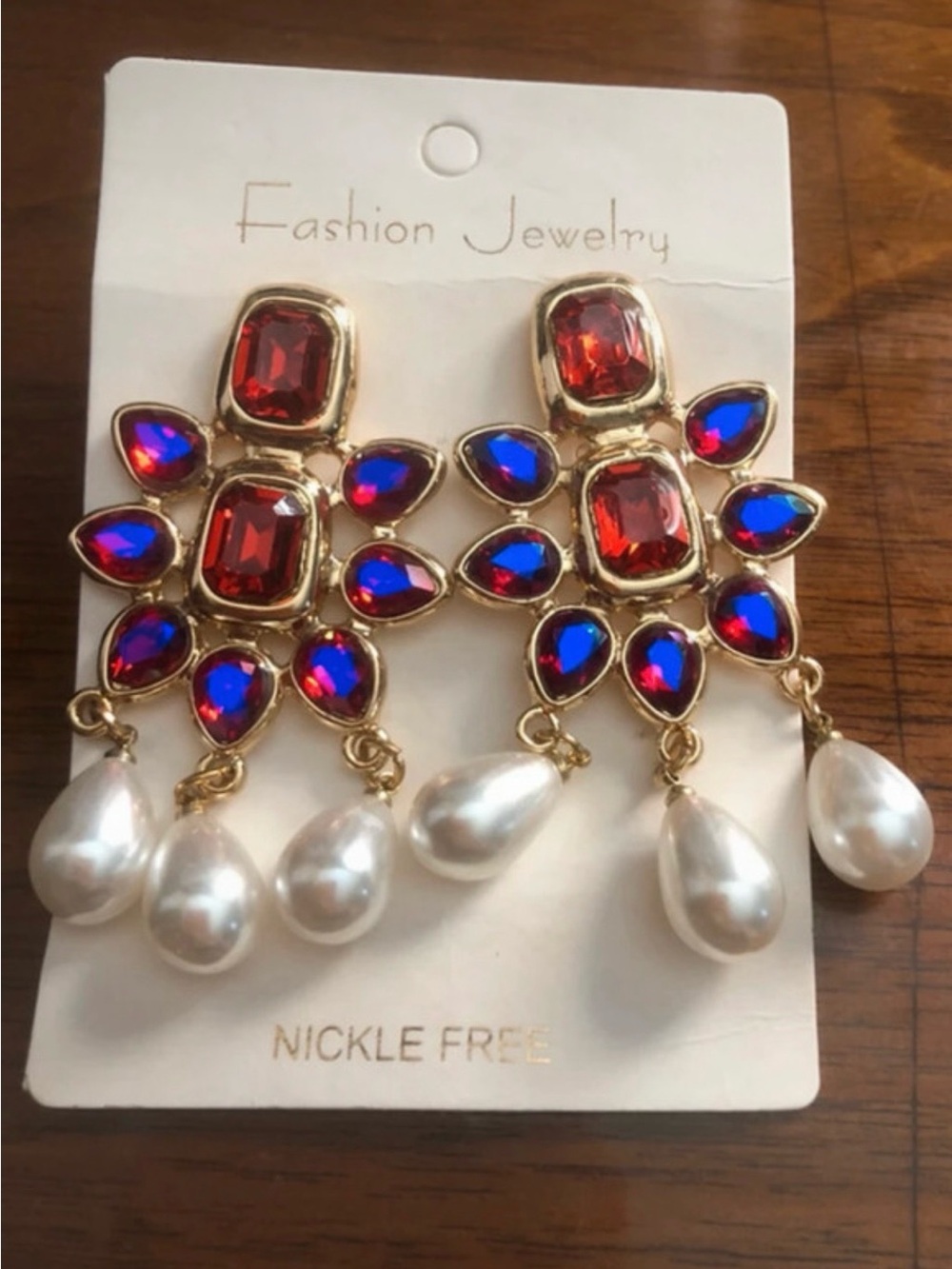 Fashion Jewelry Gold-Tone Red & Purple Crystal and Pearl Drop Earrings